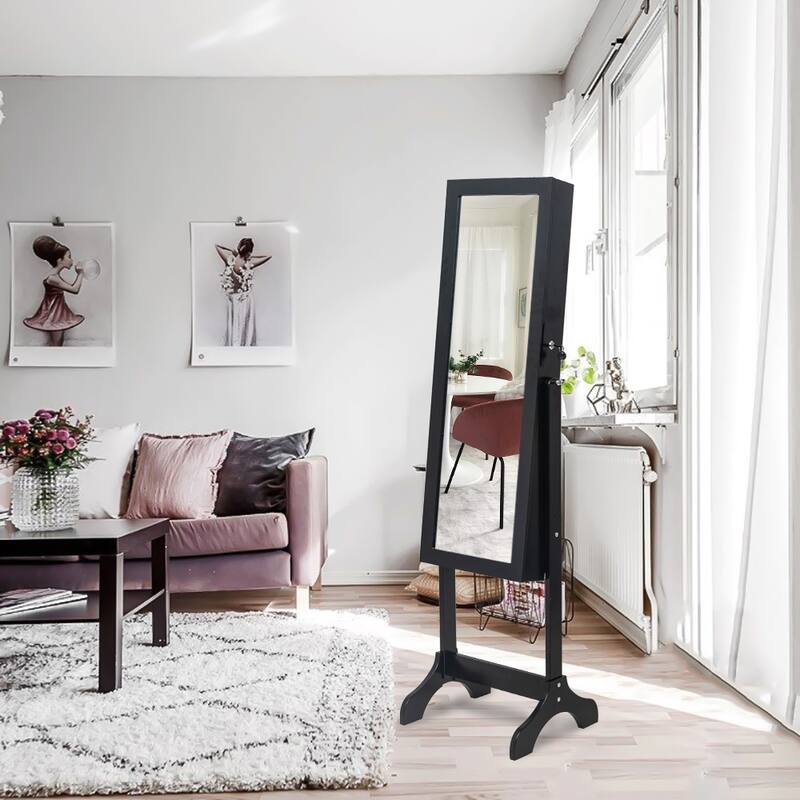 Wooden Floor Standing 4-Layer Shelf Jewelry Storage Adjustable Mirror Cabinet