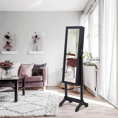 Wooden Floor Standing 4-Layer Shelf Jewelry Storage Adjustable Mirror Cabinet