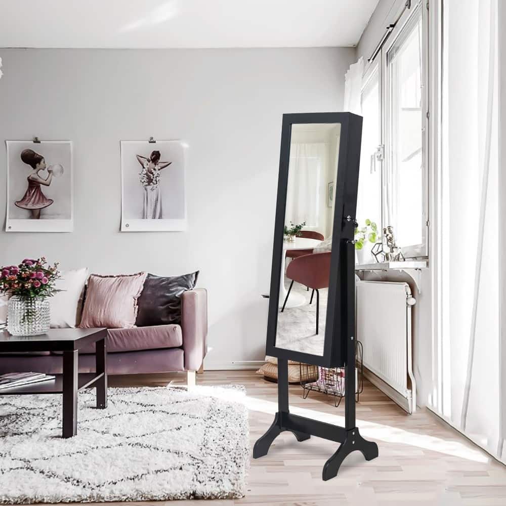 Wooden Floor Standing 4-Layer Shelf Jewelry Storage Adjustable Mirror Cabinet