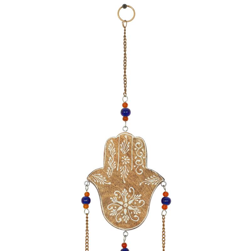 Brown Mango Wood Handmade Hamas Buddha Windchime with Glass Beads and Cone Bells - 5 x 1 x 32