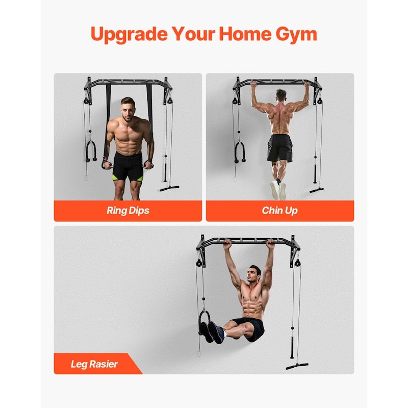 Wall Mounted Pull Up Bar with Pulley System and 10 Grip Options Triceps Rope for Home Gym Station - 49.61 x 23.07 x 17.95inch