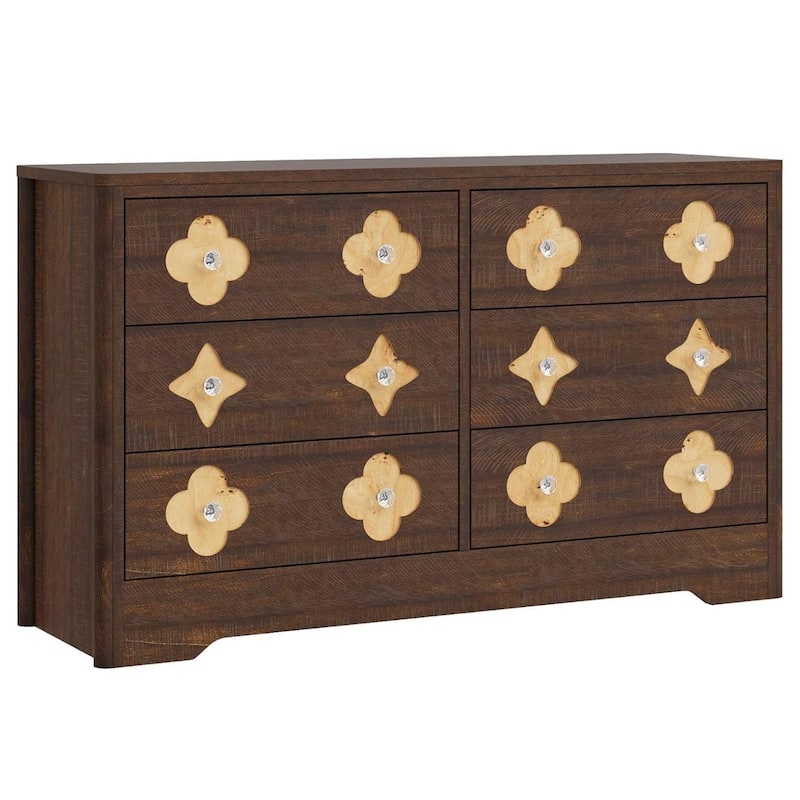 Fluted 6 Drawer Tall Dresser for Bedroom, Living Room, Hallway - Brown