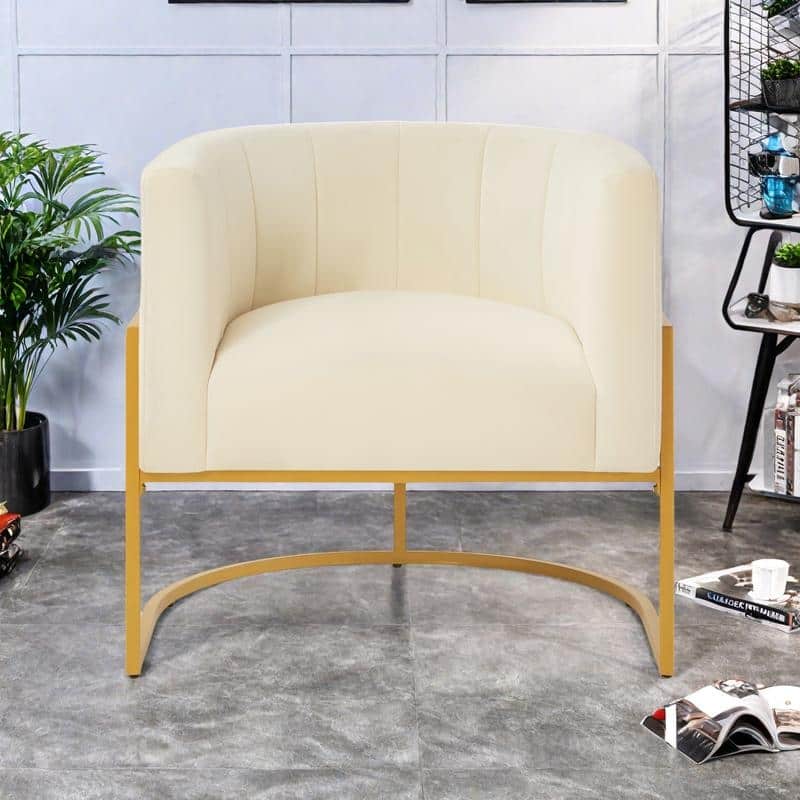 Mid-Century Accent Chair with Metal Frame & Curved Back Support - Cream