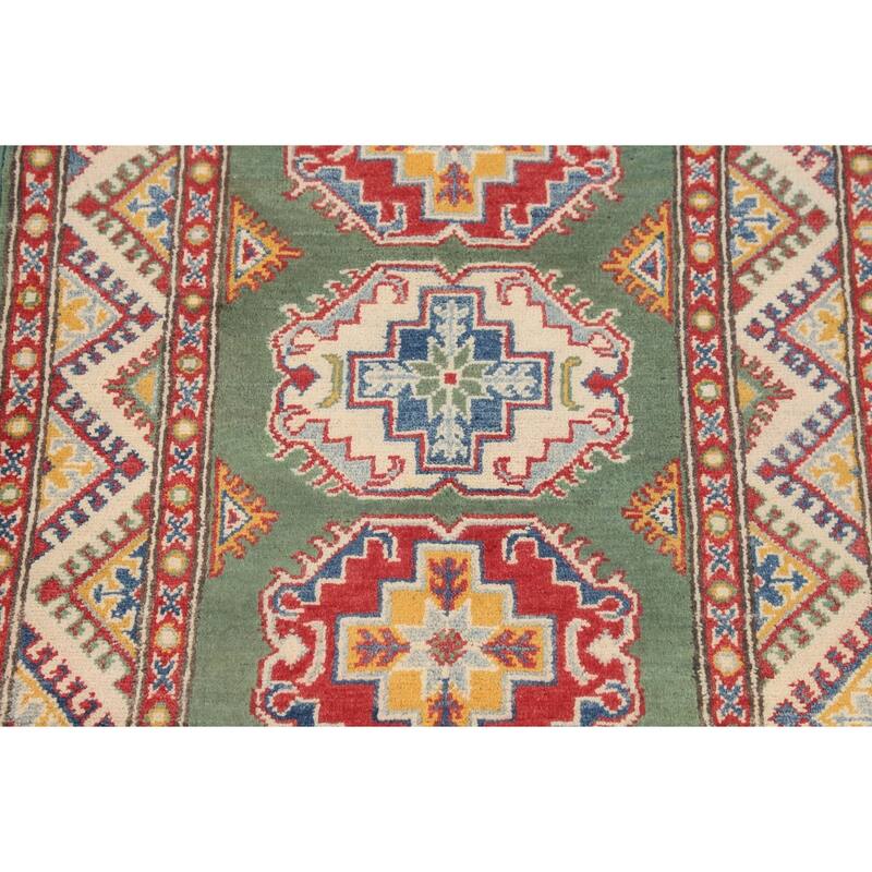 Green Geometric Kazak Accent Rug Hand-Knotted Wool Carpet - 2'9" x 3'11"