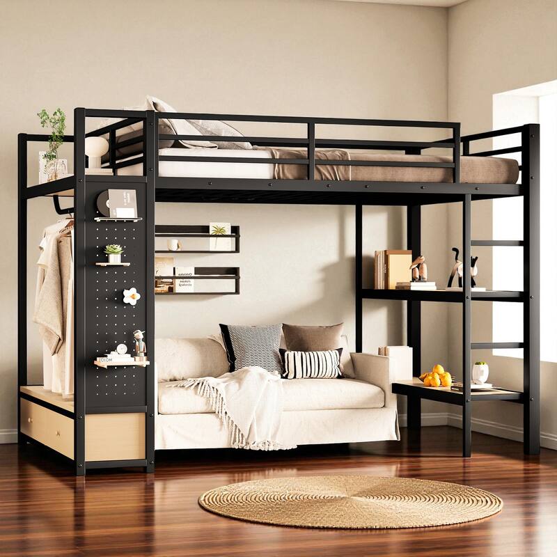 Full/Queen Size Metal Loft Bed with Wardrobe, Shelves & Pegboard, Space-Saving Bed Frame with Storage & Guardrails - Black - Full