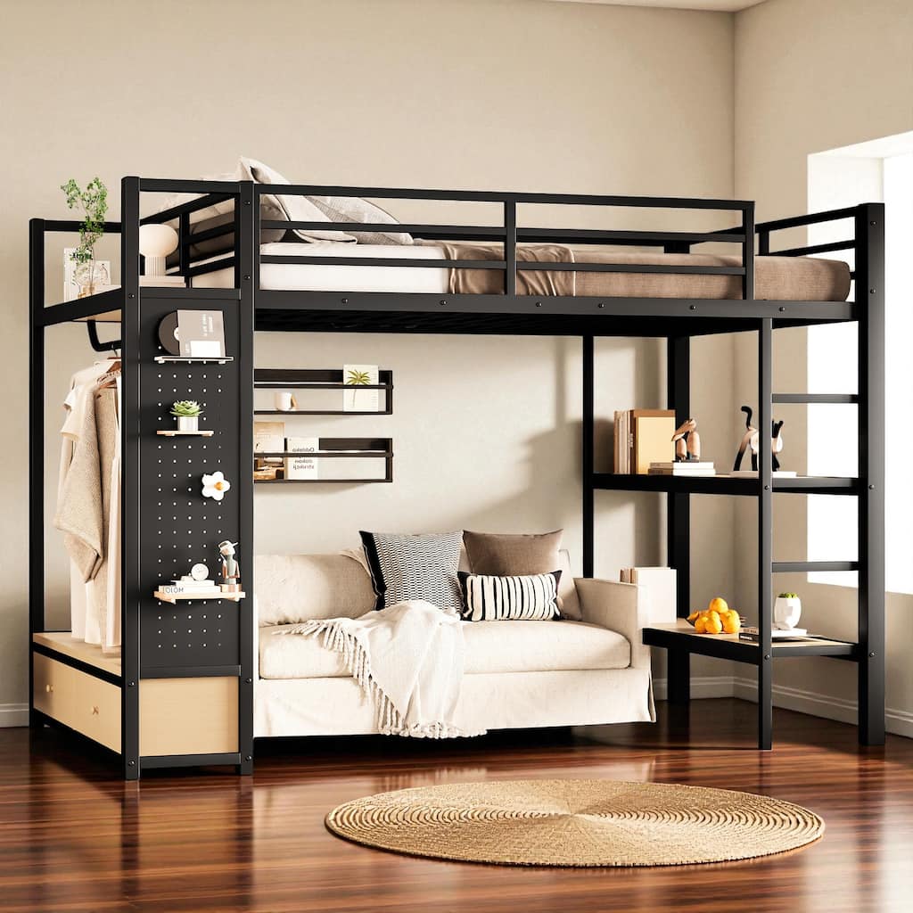 Full/Queen Size Metal Loft Bed with Wardrobe, Shelves & Pegboard, Space-Saving Bed Frame with Storage & Guardrails