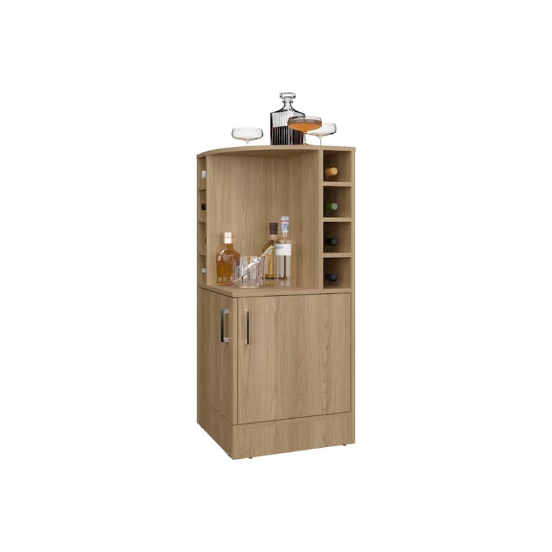 FM FURNITURE Toyei Corner Bar Cabinet with Bottle Rack, Open Shelves, and Hidden Storage, Natural Oak
