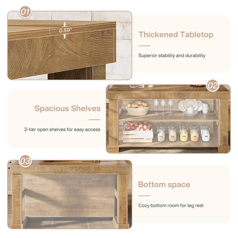 55-Inch Large Home Bar Unit, 3-Tier Pub Table with Storage Shelves - N/A