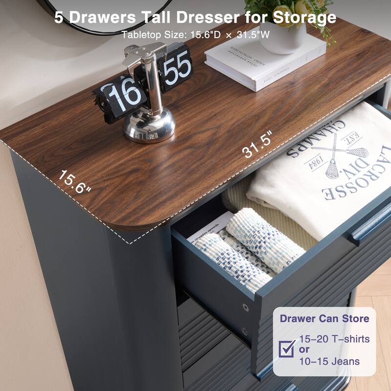 Modern Drawer Storage Organizer ,5 Drawers Dresser, for Bedroom, Living Room - Navy Blue