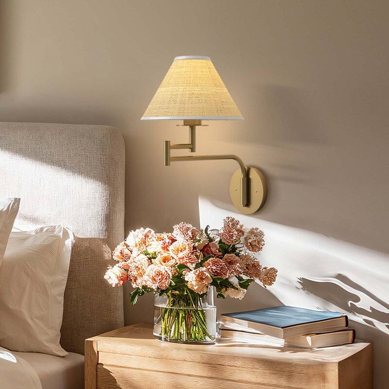 Rowabi Naia Rattan Sconce Metal, Raffia & Natural Beige, Gold 1-Light Handwoven Wall Sconce for Bedroom, Hallway in Modern Style