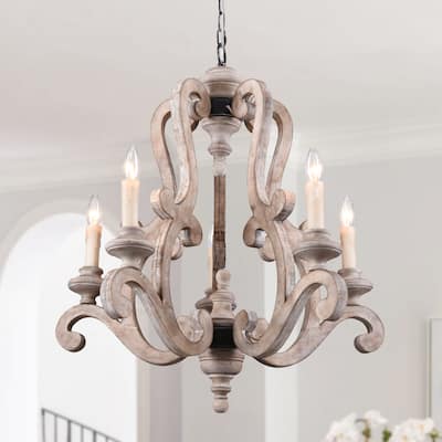 Bella Depot 5-Light Vintage Distressed Wood Pendant Light, Retro French Country Chandelier