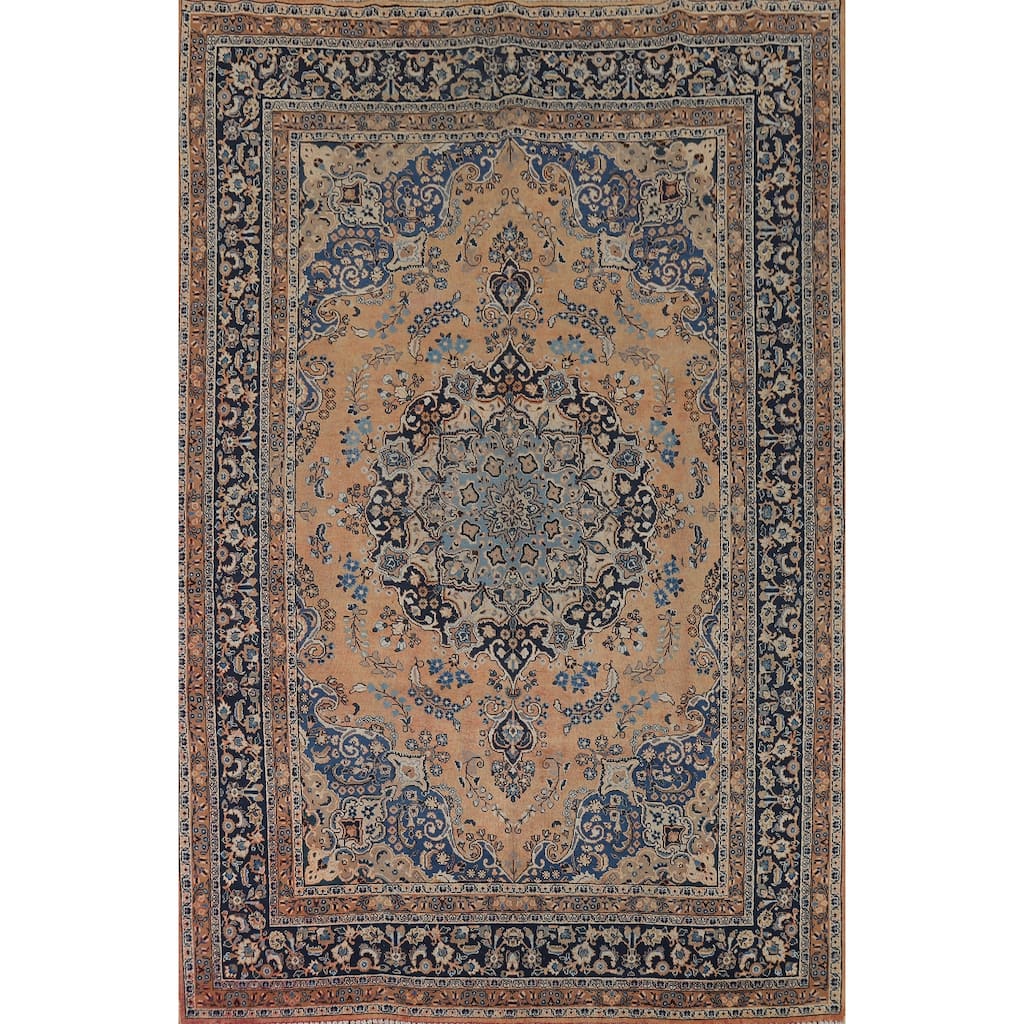 Mashad Vintage Persian Rug Hand-Knotted Floral Wool Carpet - 7'11" x 11'0"