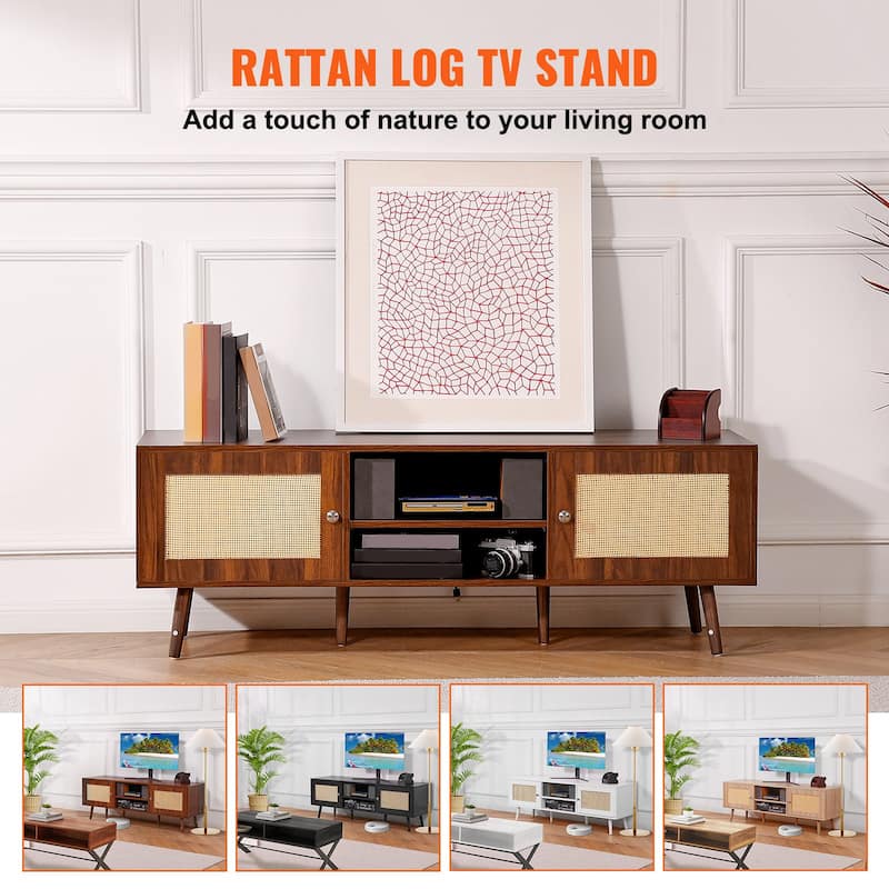 Modern Rattan TV Console for 65 Inch TV with Built-in Power Outlet - 55.1 x 15.8 x 19.7in
