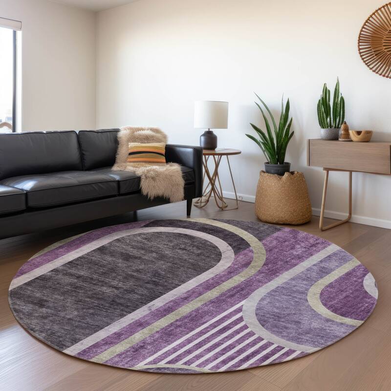 Premium Washable Super Soft Contemporary Deco Mayfield Rug - Purple - 8' x 8' - Round