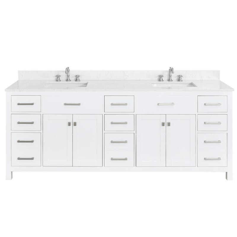 Prismatica Double Sink Bathroom Vanity 84 in White, Marble Countertop & Splash - Cultured Marble Top Vanity