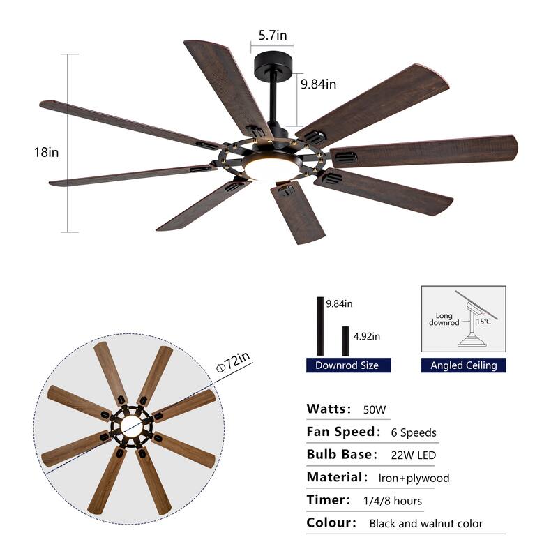 72" 8-Blade Ceiling Fan with Remote Control, Reversible Dimmable Fan Light, 6-Speed Quiet DC Motor