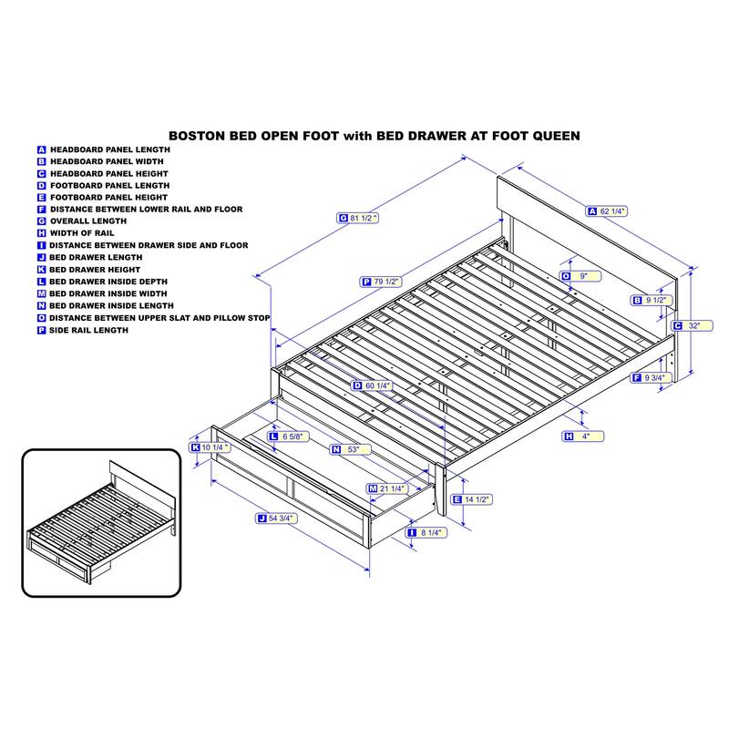 Bed with Foot Drawer - Modern Grey Finish - Panel Headboard - Slat Kit - No Foundation Needed