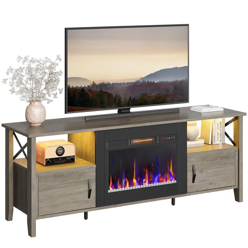 Bestier 63" TV Stand, LED Media Console with Storage, with Electric Fireplace and LED and Adjustable Storage Cabinet