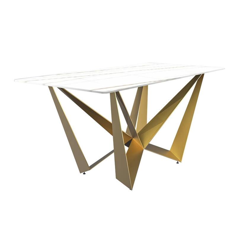 Nuvor Rectangular Sintered Stone or Glass Tabletop Dining Table with Powder-Coated Gold Steel Base for Kitchens & Dining Rooms