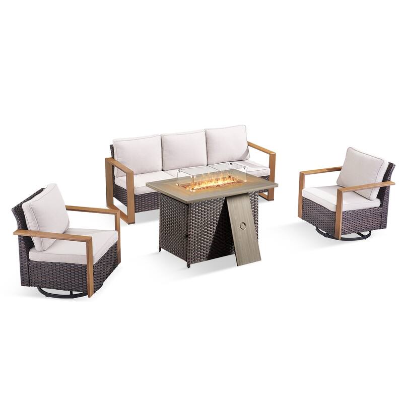 Pocassy 4 Pieces Outdoor Sofa Swivel Chair with Fire Pit Table Set