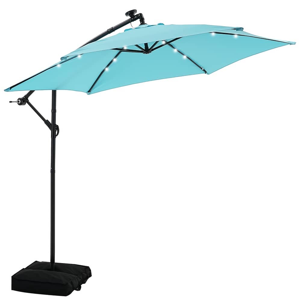 Autlaycil 10ft Offset Hanging Market Patio Umbrella With Base&Solar Lights