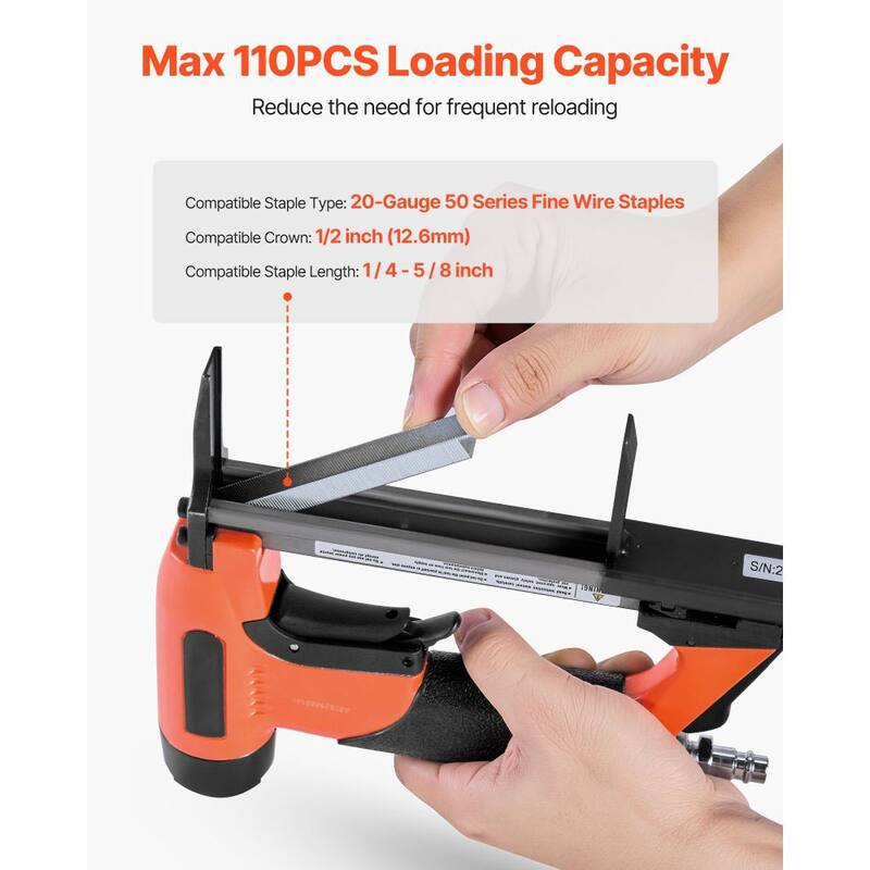 Black-Orange Aluminum Alloy 20-Gauge Pneumatic Staple Gun with High-Capacity Magazine - 8.66 x 1.77 x 7.48