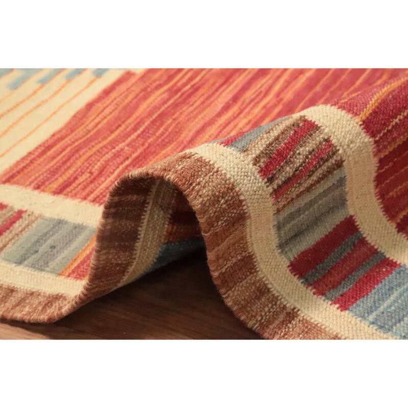 Hand Woven Oriental 100% Wool Carpet Southwestern Tribal Oranges & Rust Kilim Runner Rug - 12' 1'' X 2' 8''