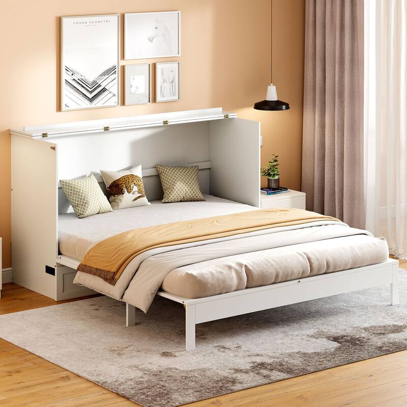Modern Queen Murphy Bed with Storage Drawers & USB Port, Stylish Rattan Finish for Apartments or Multifunctional Rooms