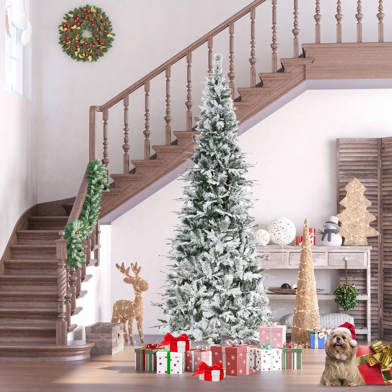 9ft Flocked Pine Christmas Tree, Unlit, Realistic Snowy Design with Easy Setup
