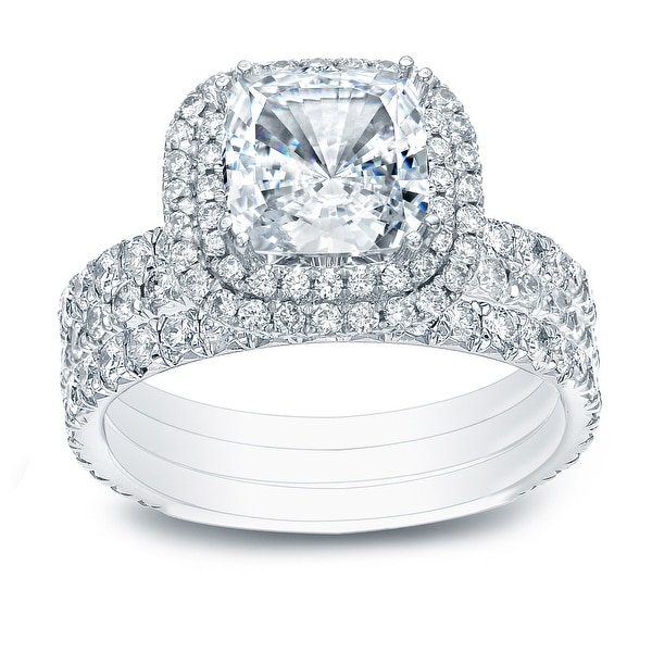Auriya 2 1/2ctw Cushion-cut Halo Diamond Engagement Ring 3pc Set 14k Gold. Opens flyout.