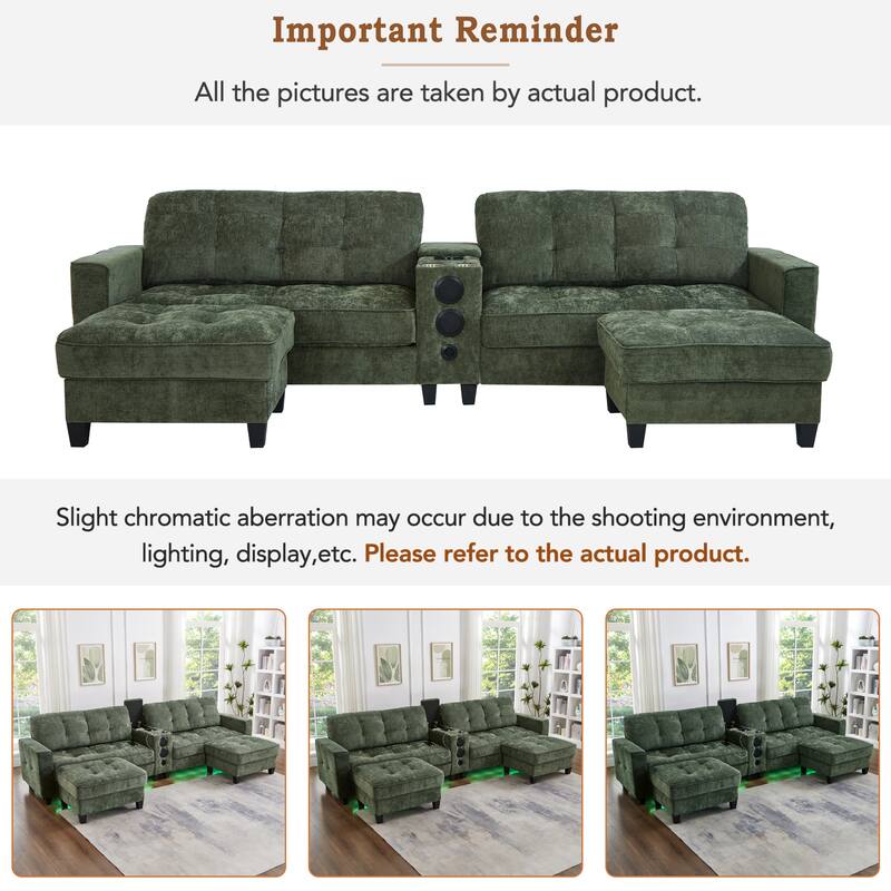 Roomfitters 126 Inch U-Shaped Modular Sectional Sofa with Storage Ottomans and Bluetooth Console