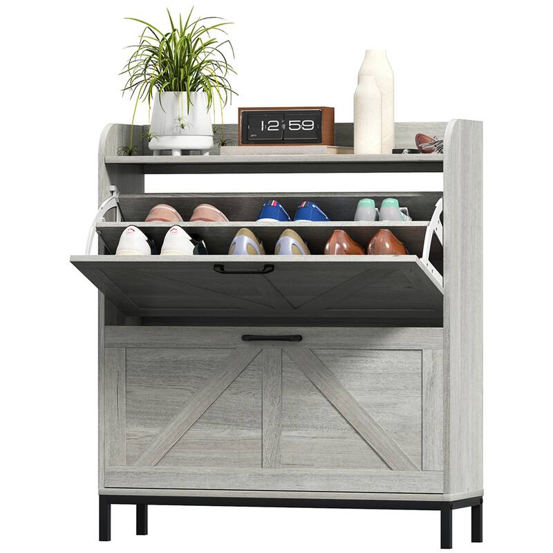 12-Pair Space-Saving Shoe Storage Cabinet with Adjustable Dividers and Flip Drawers Anti-Tip - 29.5" W x 9.4" D x 37" H - Grey