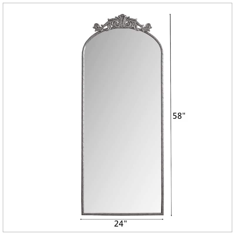 58"x24" Arched Full Body Mirror with Vintage Ornate Carved Applique - 58"x24"-Antique Silver