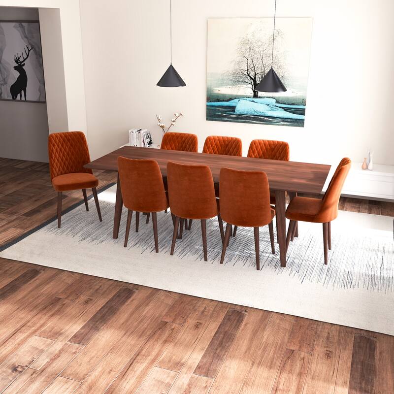 Adem Mid Century Modern 9 Piece Comfy Dining Room Set in Orange