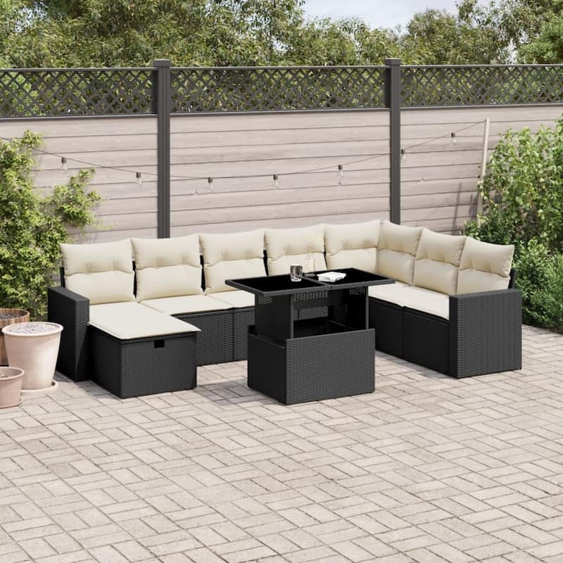 vidaXL Patio Sofa Set with Cushions Outdoor Furniture 9 Piece Poly Rattan - 21.7 x 39.4 x 28.7 in - Black and cream without storage