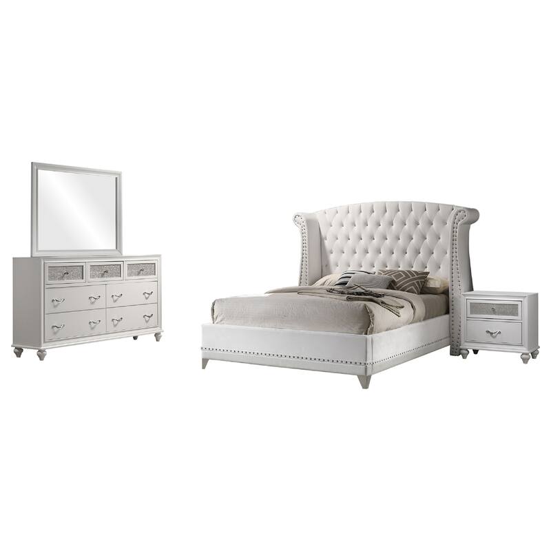 Dini 4pc Queen Bedroom Set, Tufted Wingback in White Velvet w Crystals