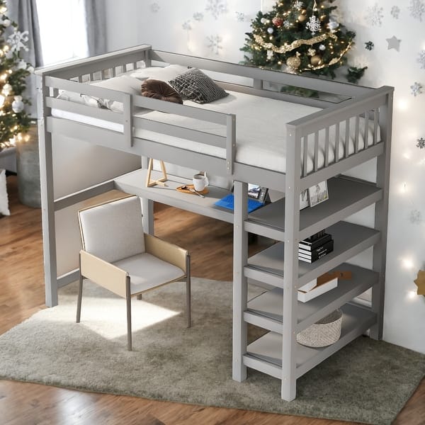 slide 2 of 27, Modern Twin Size Loft Bed With Shelves And Under-bed Desk,Stable Guardrails for Bedroom Grey