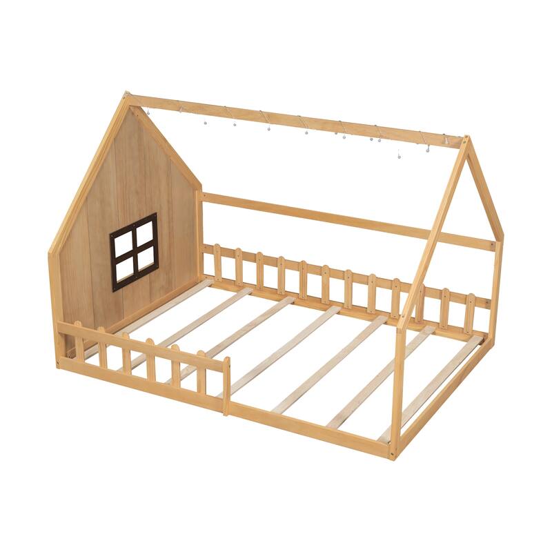 Solid Pinewood Full Size Floor House Bed Frame with Window and Fence