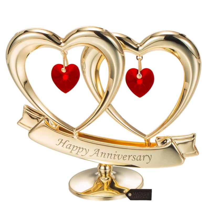 Matashi Gold plated Red Crystal Happy Anniversary Double Heart Tabletop Ornament