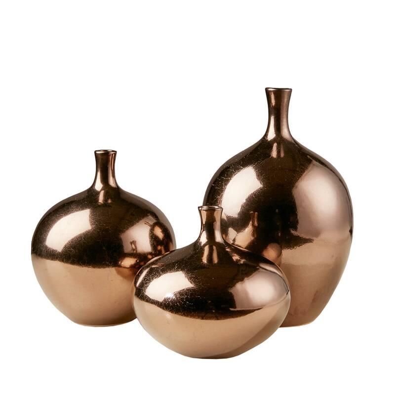 Roomfitters 3-Piece Mirrored Ceramic Decorative Vase Set, Handcrafted Metallic Bronze Finish