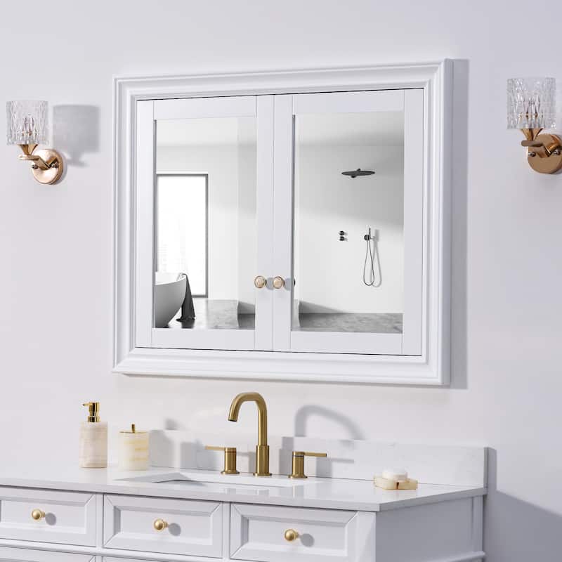 32''H Recessed Mount Solid Wood Framed Medicine Cabinet With Mirror and Shelves