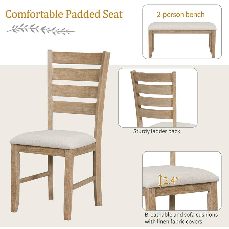 6 Piece Dining Table Set, Thickened Cushion Chairs & Bench, Kitchen Table Set, Tapered Legs, for Small Space, Apartment