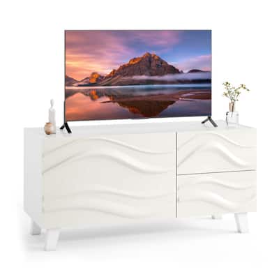 White TV Stand and Media Console for TVs up to 44 Inches with Cabinet Drawers Engraved Front and Splayed Legs - 38" x 14" x 18"