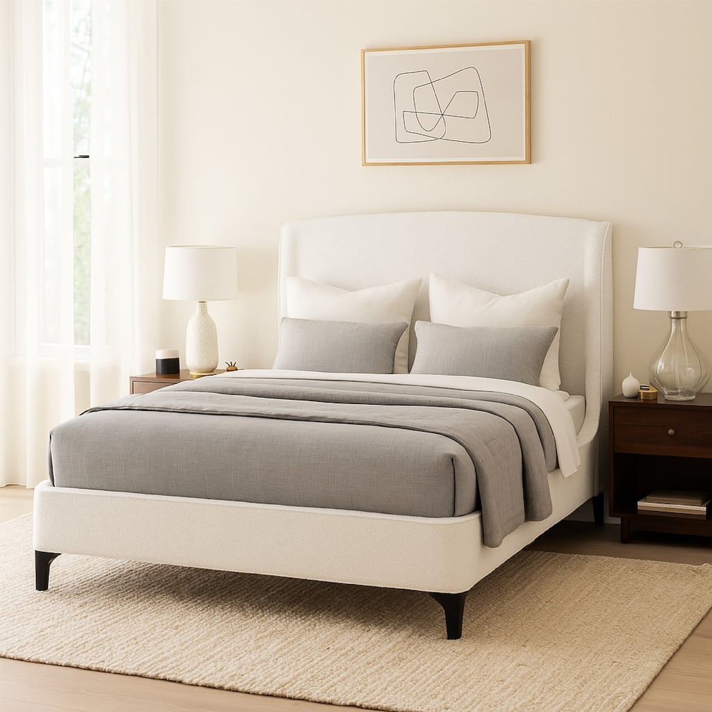 Mabe Queen Size Bed, Wingback Curved Headboard, White Fabric Upholstery