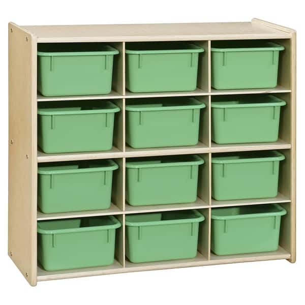 slide 2 of 5, Wood Designs Birch 12 Cubby Storage Cabinet with Lime Green Tubs, Kids Montessori Organizers for Classroom, Kindergarten - 30"