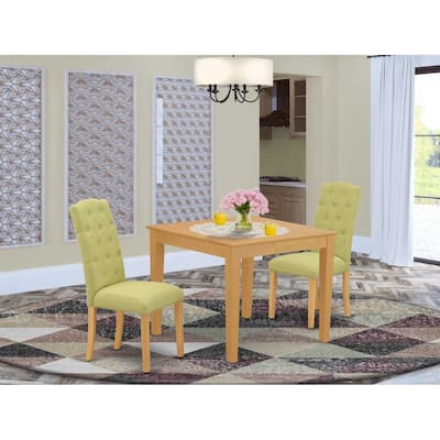 3Pc Dinette Set - Square Kitchen Table & 2 Parson Chairs - Oak Finish, Lime Green Fabric
