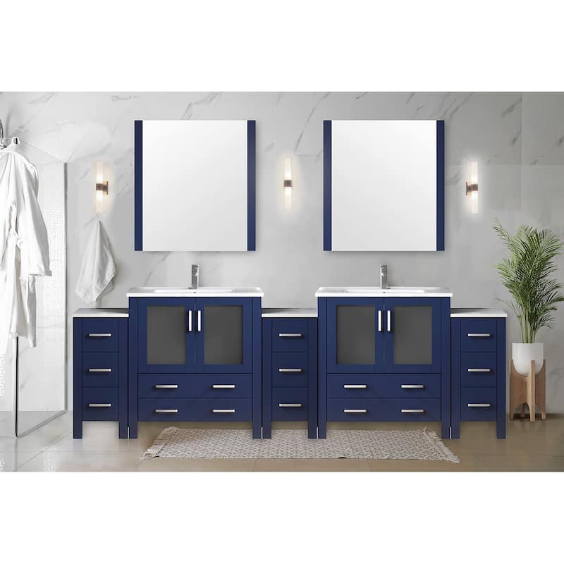 Volez Double Bath Vanity with Side Cabinets, White Ceramic Top and Mirrors