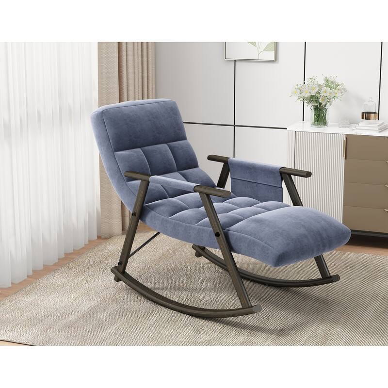 Casual folding rocking chair upholstered, lounge rocking chair adjustable high back and foot rest,side pockets - Blue