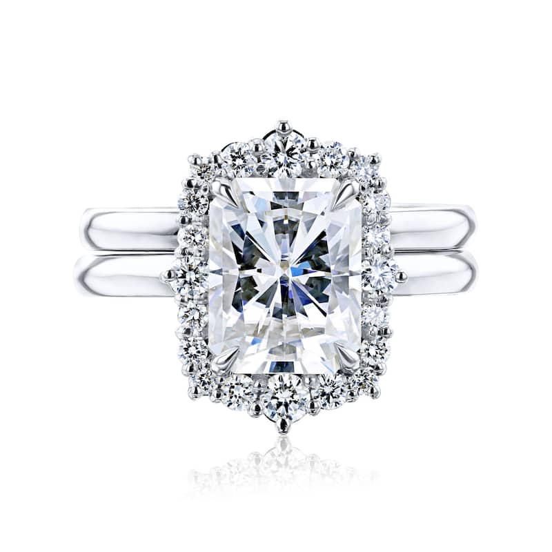 Kobelli August Collection 3.1 Carat Moissanite & Diamond 14k Solid Gold Radiant Rococo Halo Plain Bands Raina Bridal Set - 4.5 - White