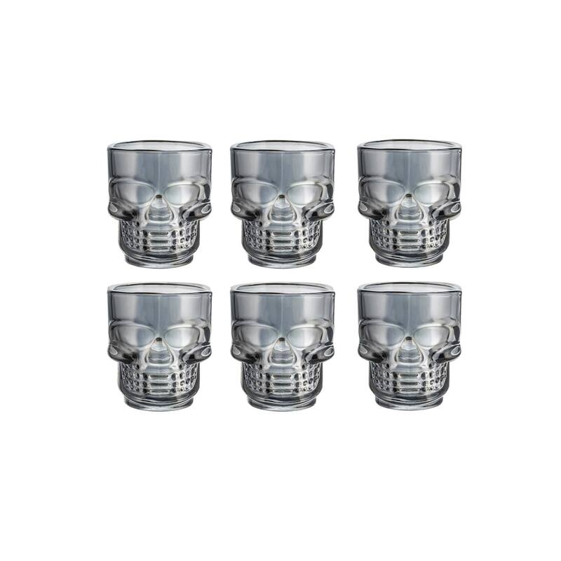 Skull-Shaped Shot Glasses Set of 6, 1.75oz - Glass Novelty Drinkware for Halloween, Parties, and Barware - Smoke